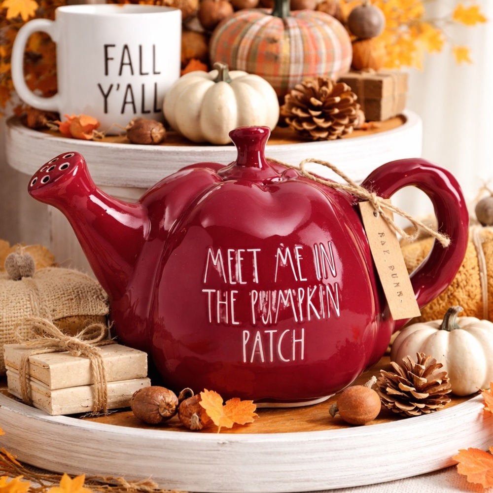 NIB RAE DUNN “Meet Me In The Pumpkin Patch” Burgundy Ceramic Watering Can